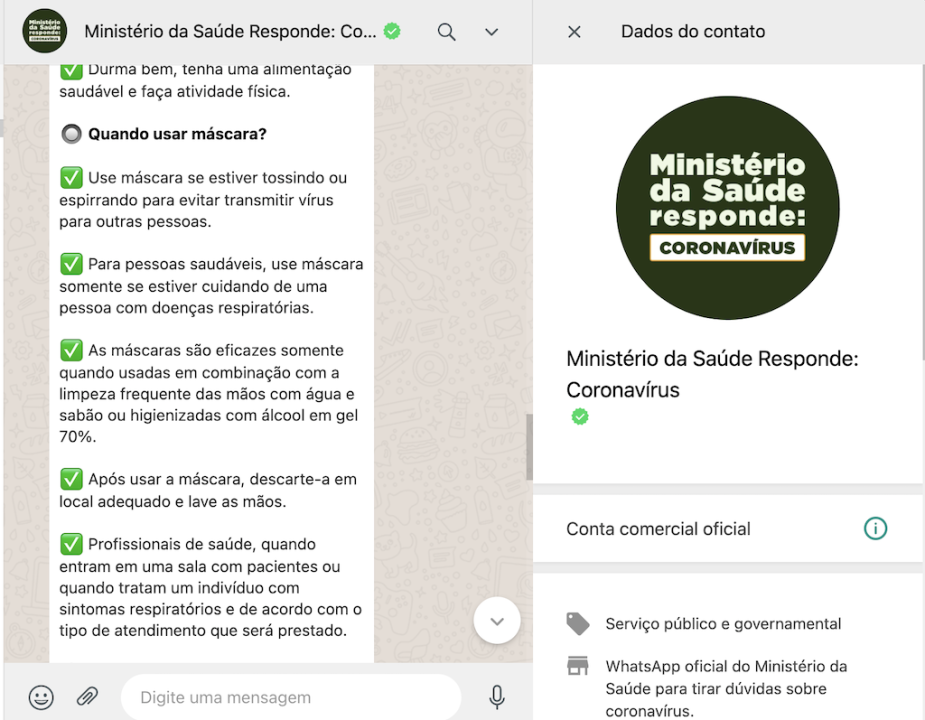 WhatsApp do Ministério da Saúde dá orientações erradas sobre Covid-19