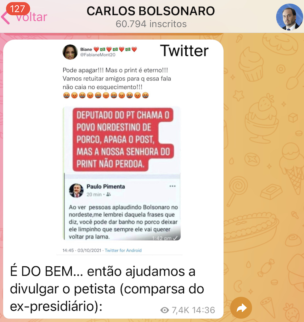Canal de Carlos Bolsonaro no Telegram divulga fakenews contra petista