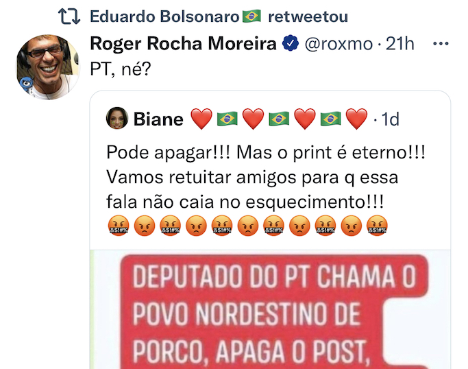 Post do cantor Roger foi retuitado pelo deputado Eduardo Bolsonaro
