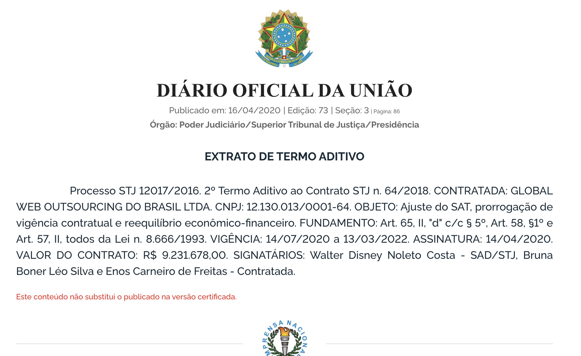 Prorrogação de segundo contrato entre STJ e Globalweb