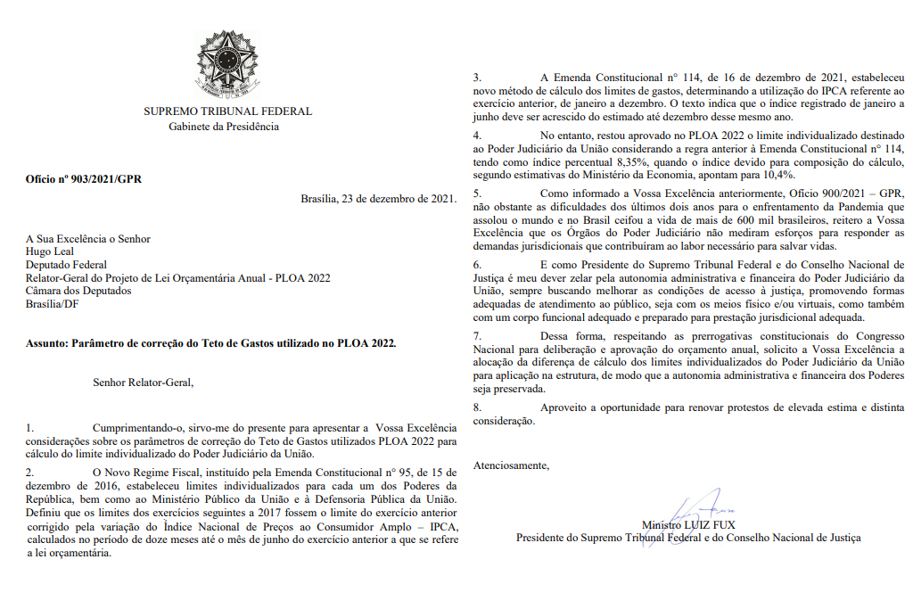 Ofício enviado por Fux a Hugo Leal, apontando o erro no cálculo do orçamento do Judiciário em 2022.