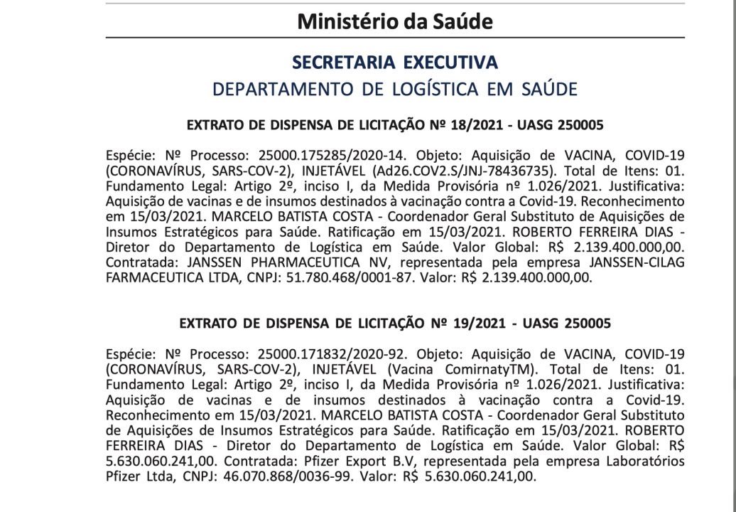 Governo publica dispensas de licitação para vacinas da Pfizer e da Johnson & Johnson