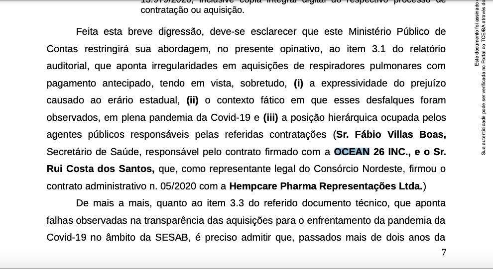 Relatório do MP de Contas sobre a Ocean 26 no caso dos respiradores.