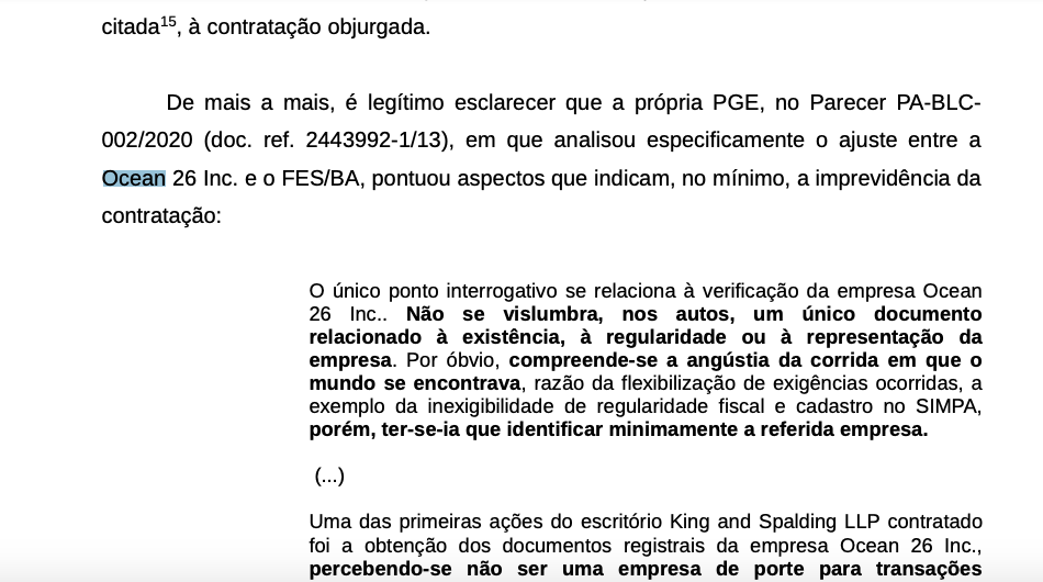 Relatório do MP de Contas sobre a Ocean 26 no caso dos respiradores.