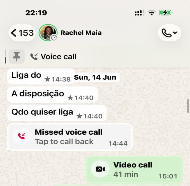 Registro das ligações entre Rachel Maia e Gasparino em 14 de junho. A conversa é transcrita na manifestação.