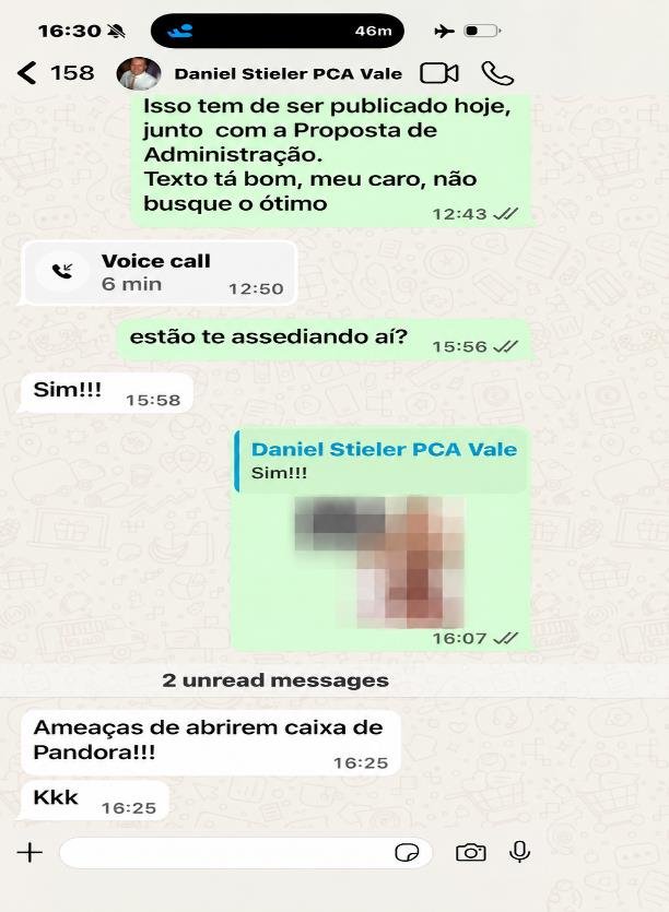 "Estão te assediando aí?" "Sim!!!" "Ameaças de abrirem caixa de Pandora!!!" Conversa entre Gasparino e Stieler na tarde de 22 de junho. Imagem parcialmente ocultada no documento.