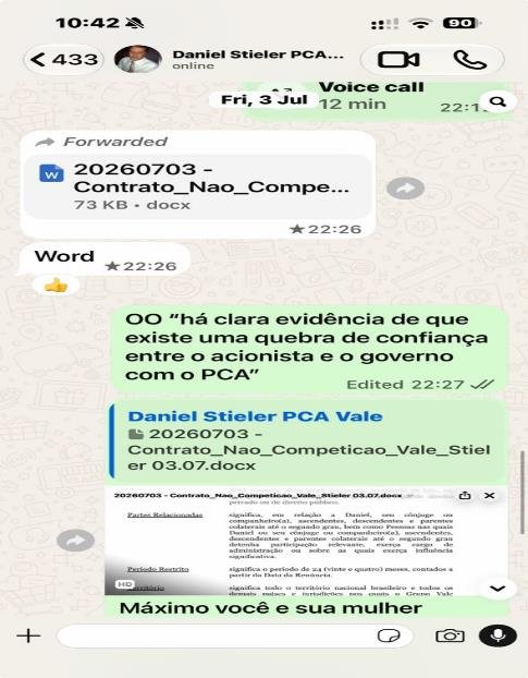Stieler encaminha a Gasparino, na noite de 3 de julho, a primeira versão do contrato redigida pela Vale.